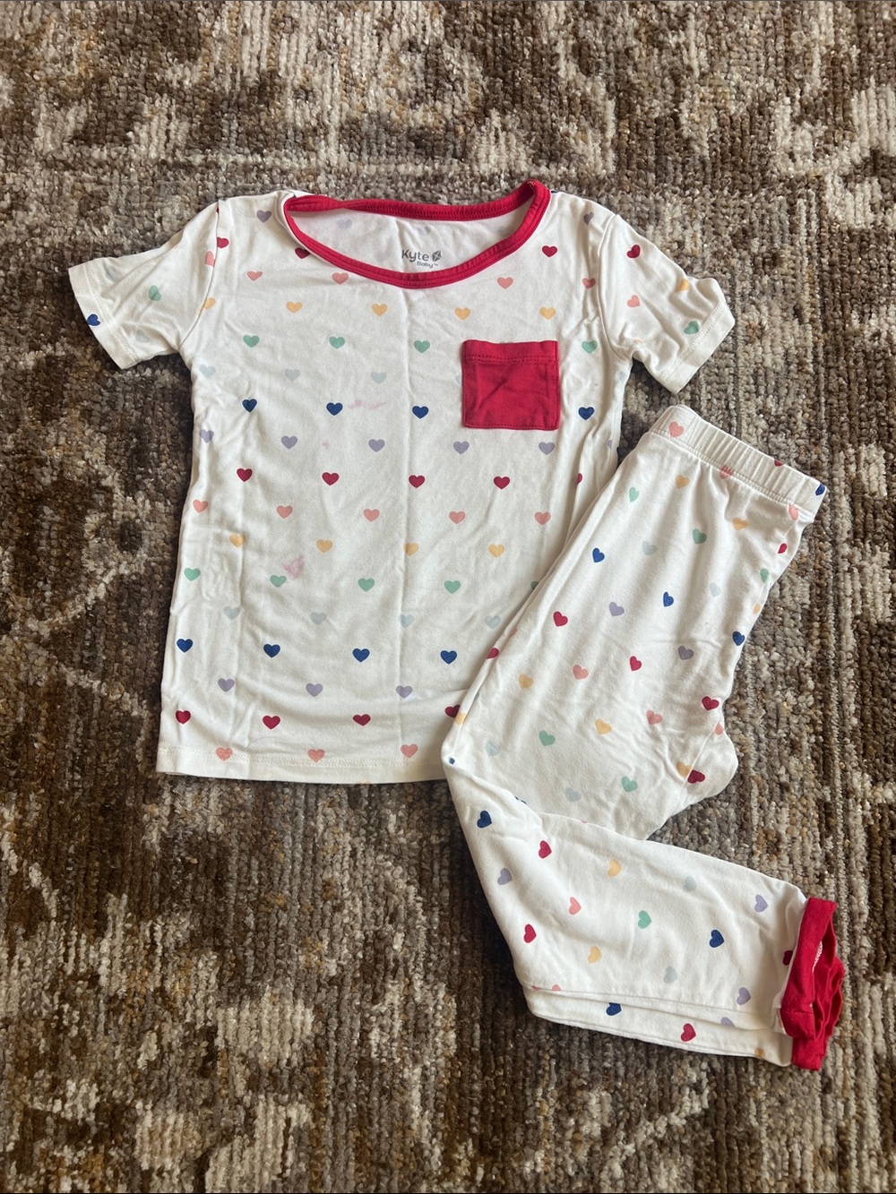 Kyte BABY White Pajama Set with Multicolor Hearts and Red Trim